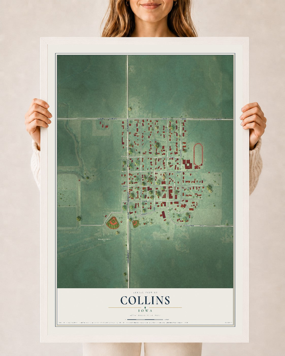 Map of Collins, Iowa, 24 x 36 inch print in a white wood frame