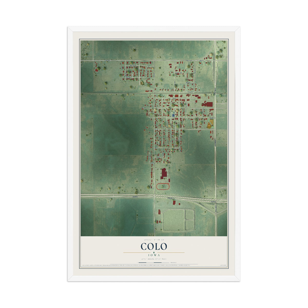 Map of Colo, Iowa, 12 x 18 inch print in a white wood frame