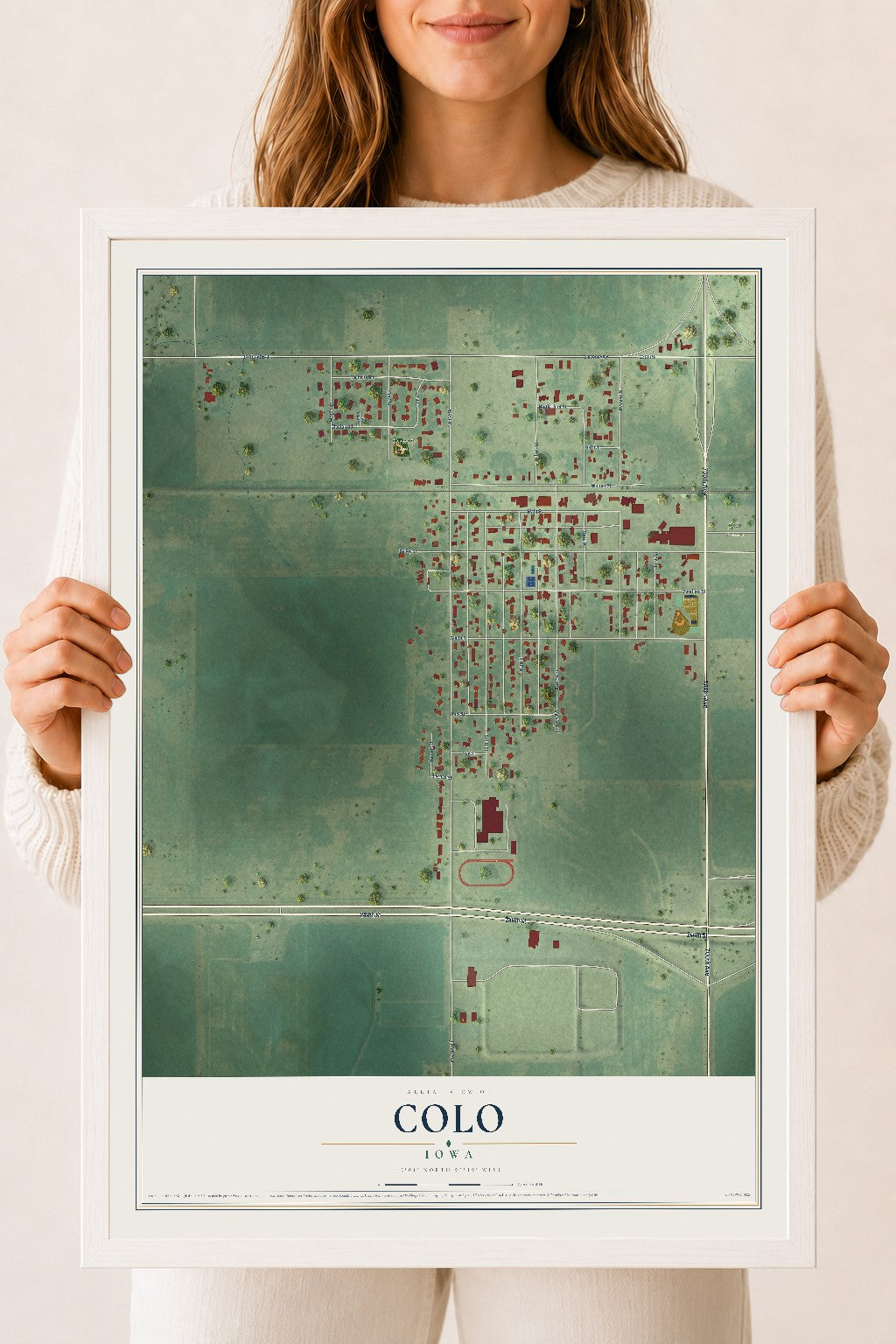 Map of Colo, Iowa, 18 x 24 inch print in a white wood frame