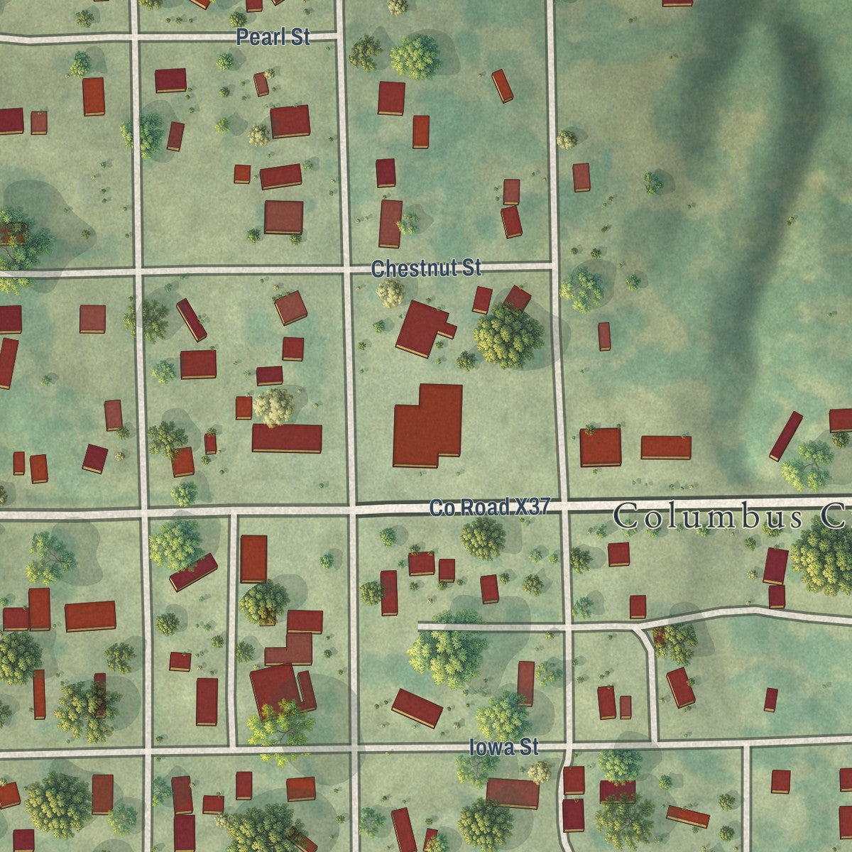 Close-up of the map of Columbus City, Iowa print showing street and building detail