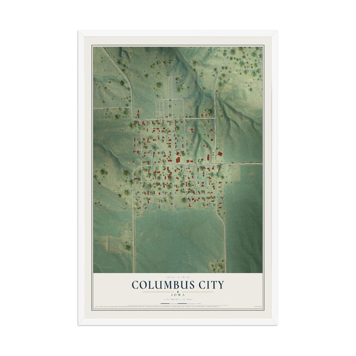 Map of Columbus City, Iowa, 12 x 18 inch print in a white wood frame