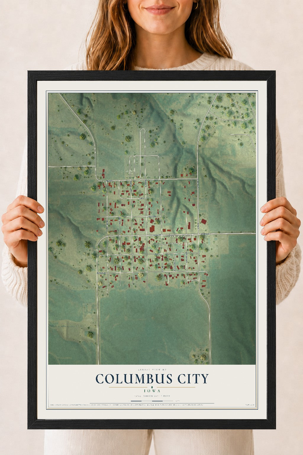 Map of Columbus City, Iowa, 18 x 24 inch print in a black wood frame