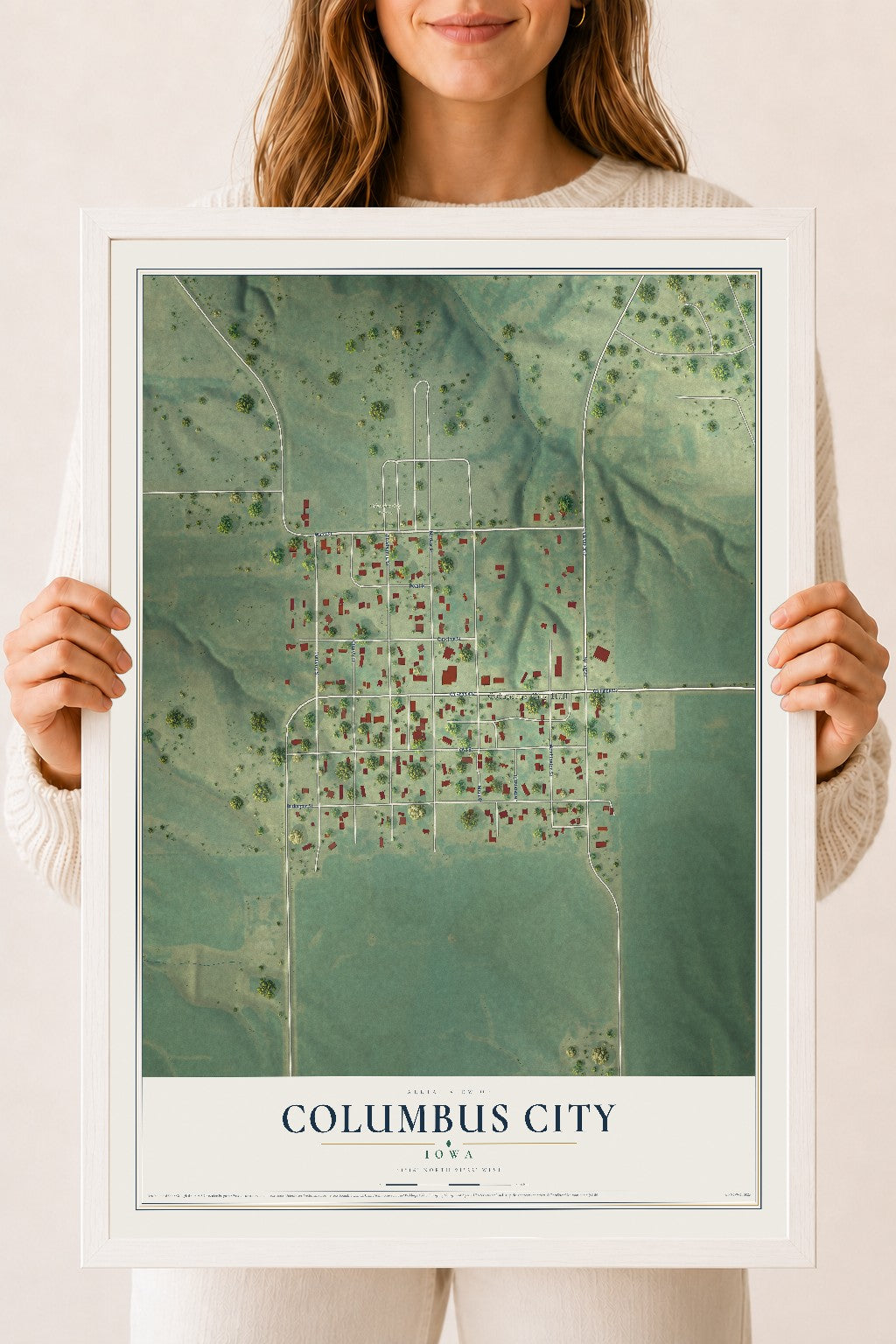 Map of Columbus City, Iowa, 18 x 24 inch print in a white wood frame