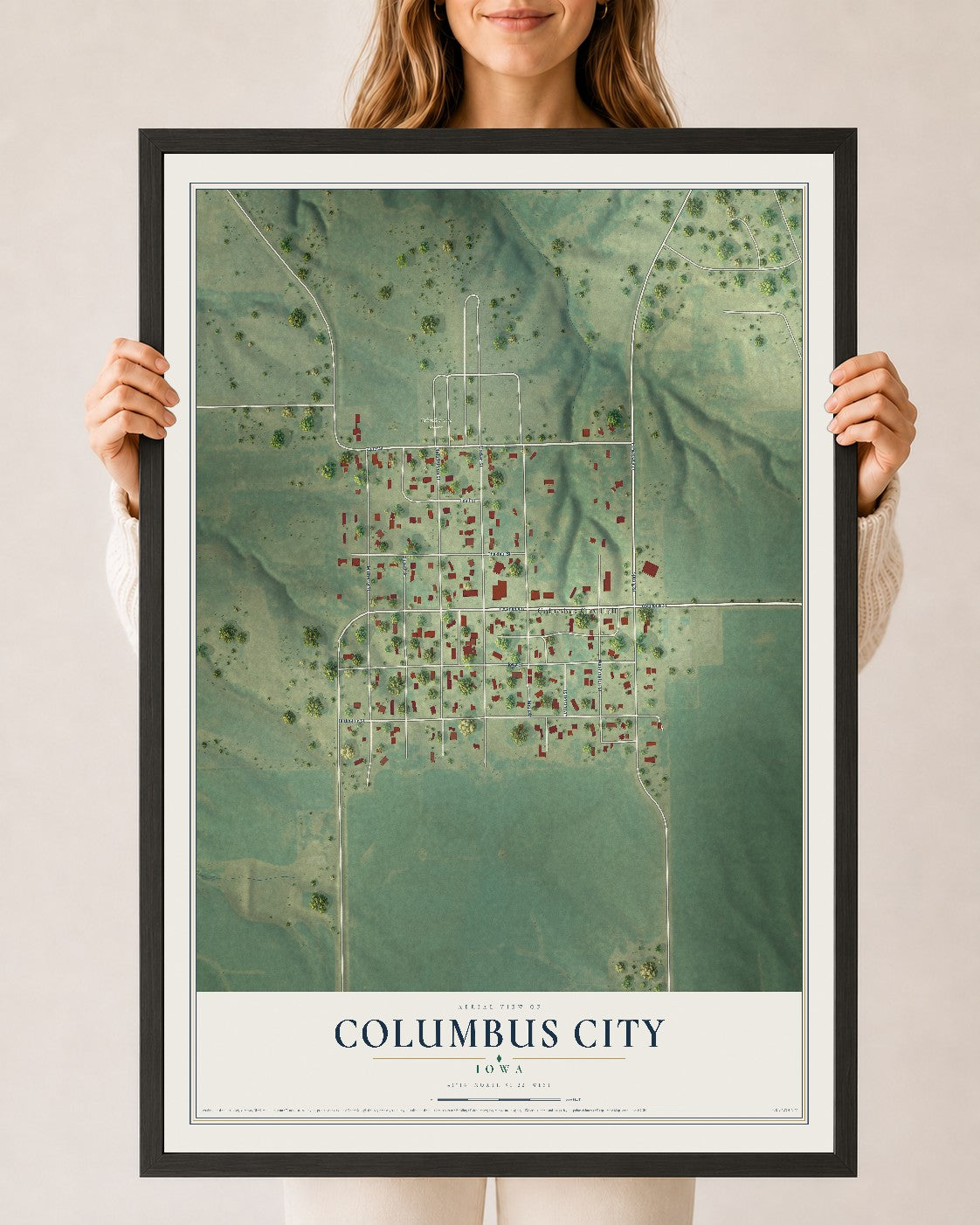 Map of Columbus City, Iowa, 24 x 36 inch print in a black wood frame