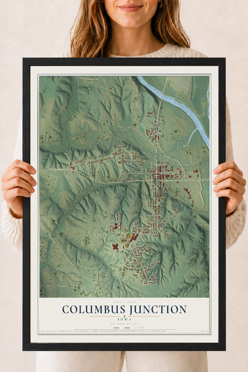 Map of Columbus Junction, Iowa, 18 x 24 inch print in a black wood frame