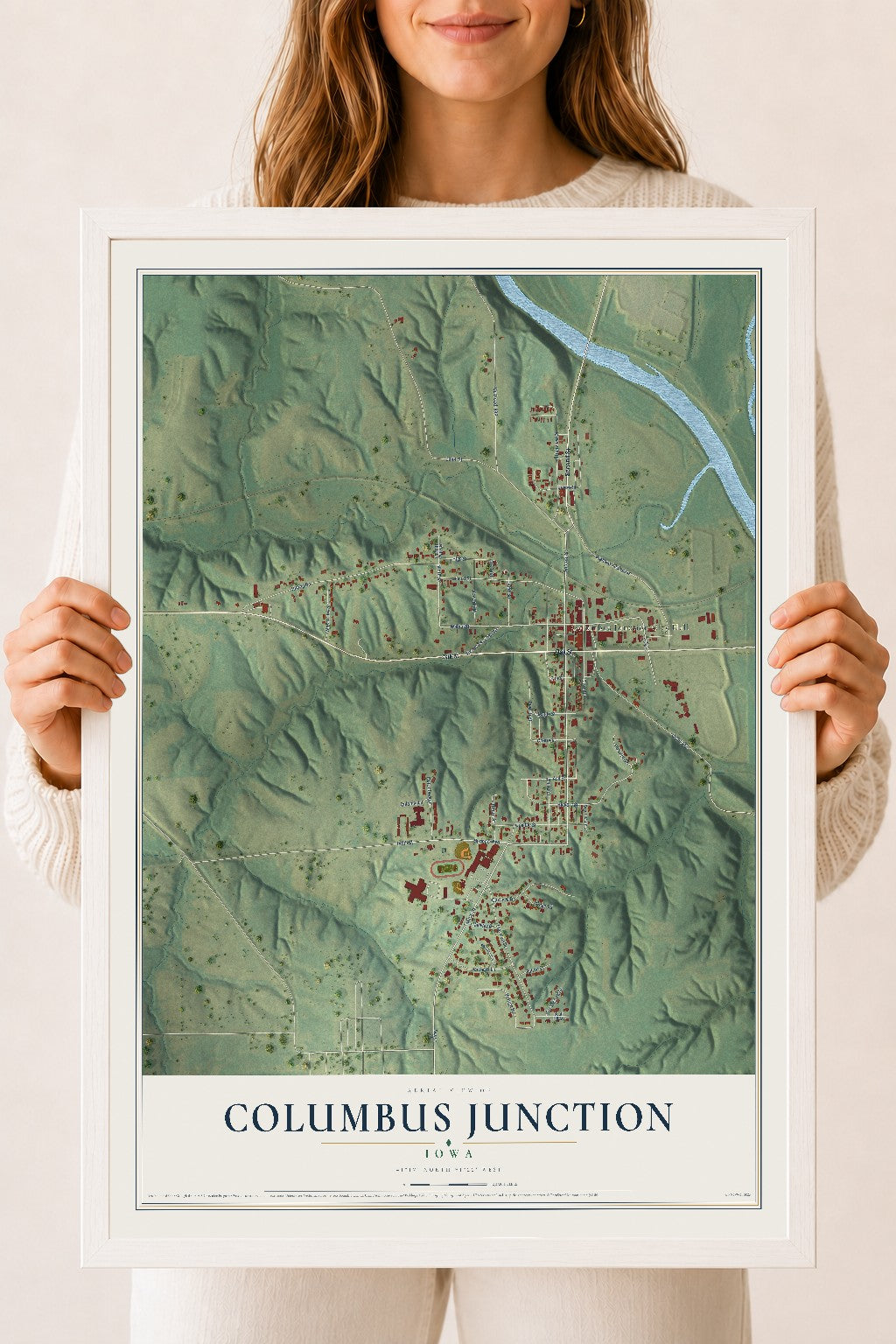 Map of Columbus Junction, Iowa, 18 x 24 inch print in a white wood frame
