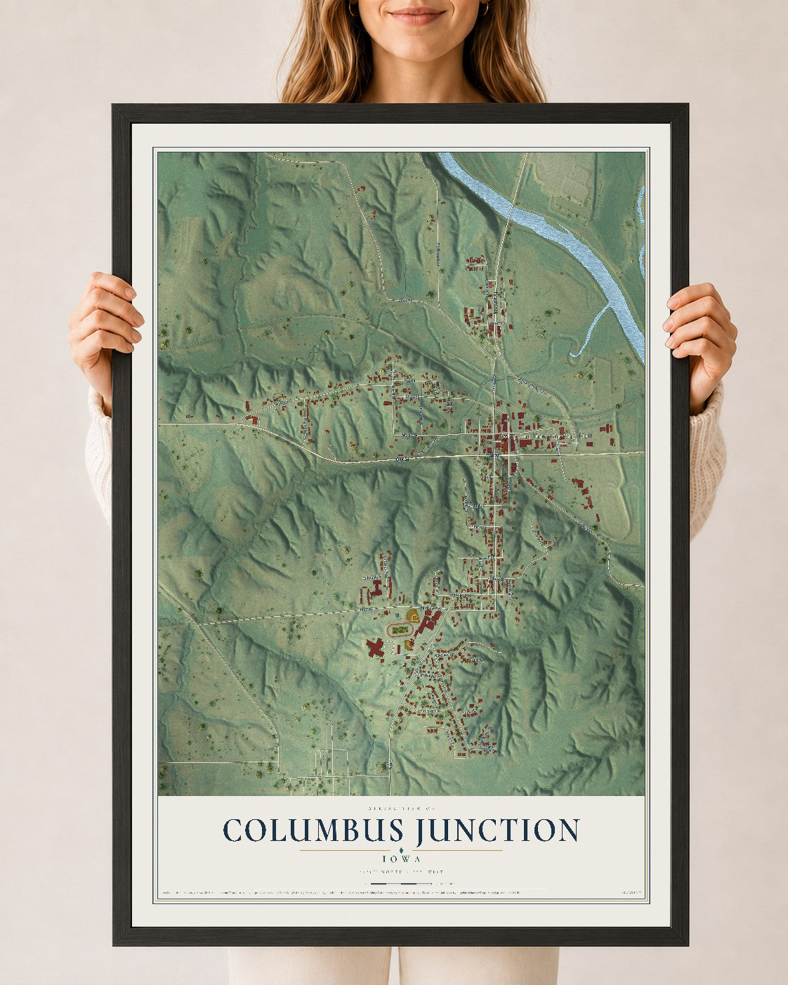 Map of Columbus Junction, Iowa, 24 x 36 inch print in a black wood frame