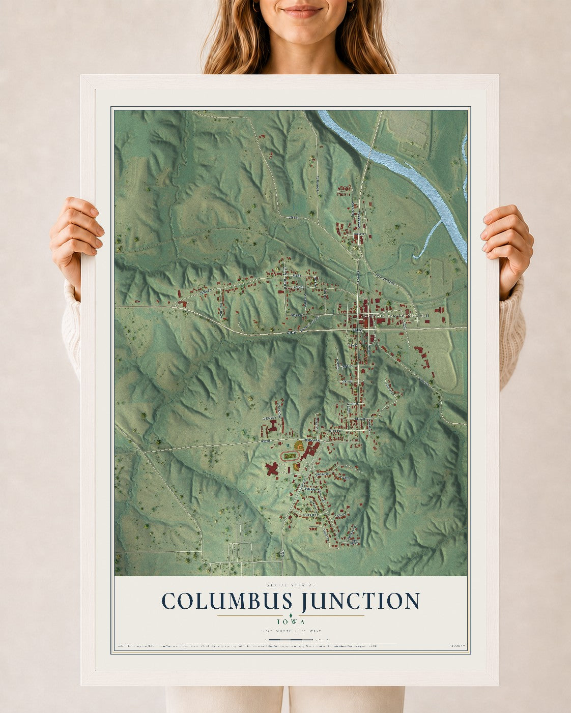 Map of Columbus Junction, Iowa, 24 x 36 inch print in a white wood frame