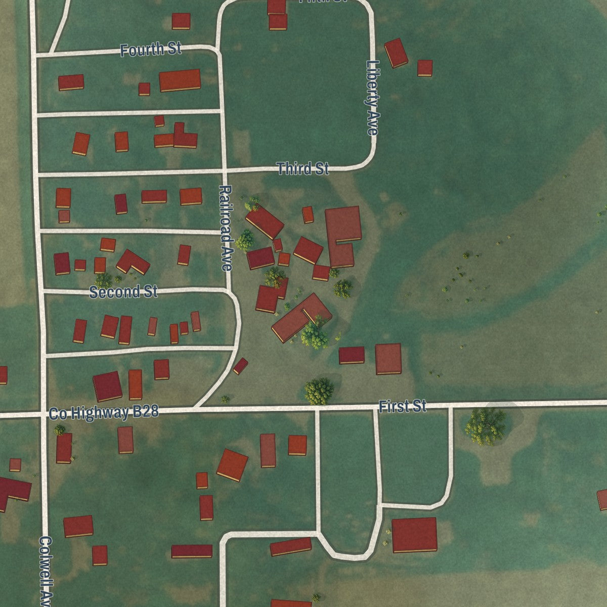 Close-up of the map of Colwell, Iowa print showing street and building detail