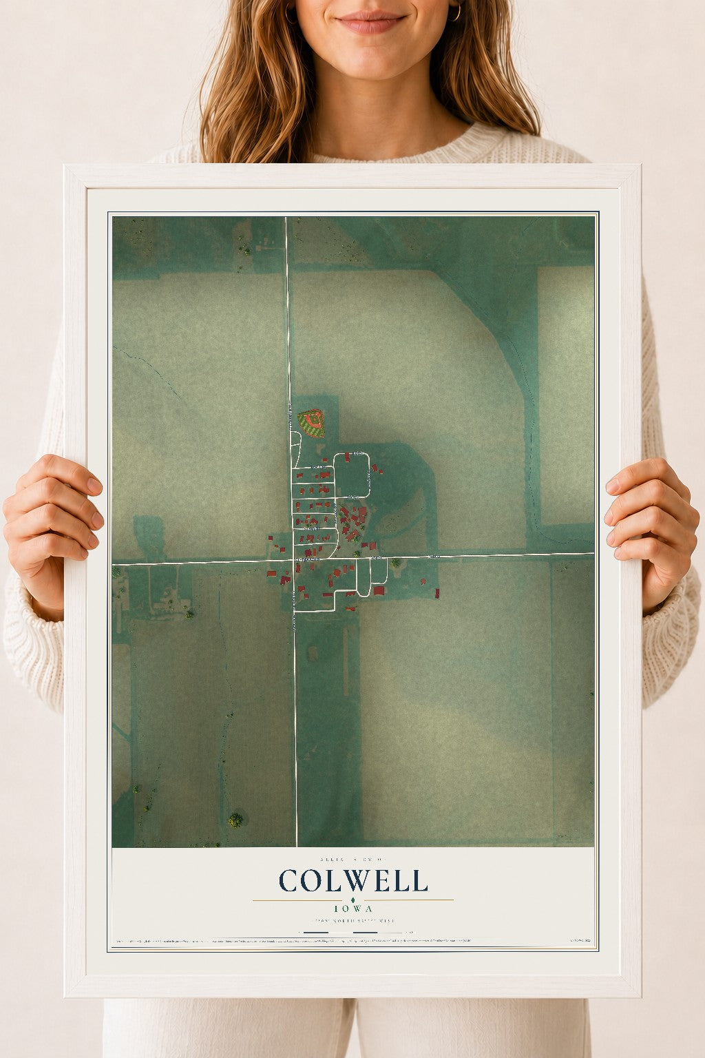 Map of Colwell, Iowa, 18 x 24 inch print in a white wood frame