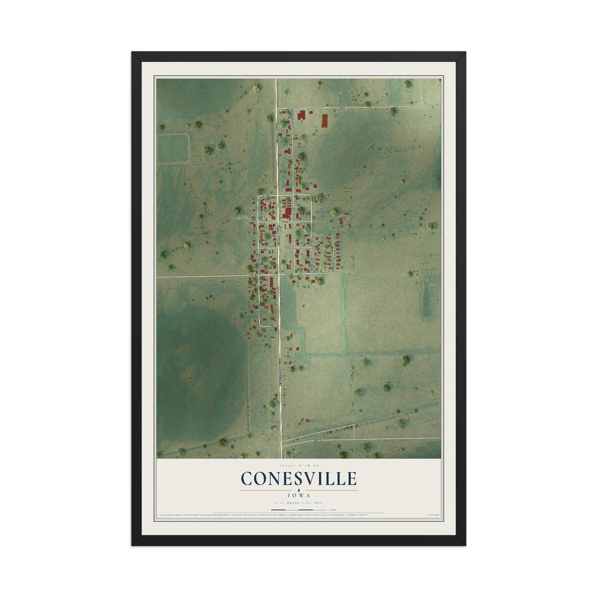 Map of Conesville, Iowa, 12 x 18 inch print in a black wood frame