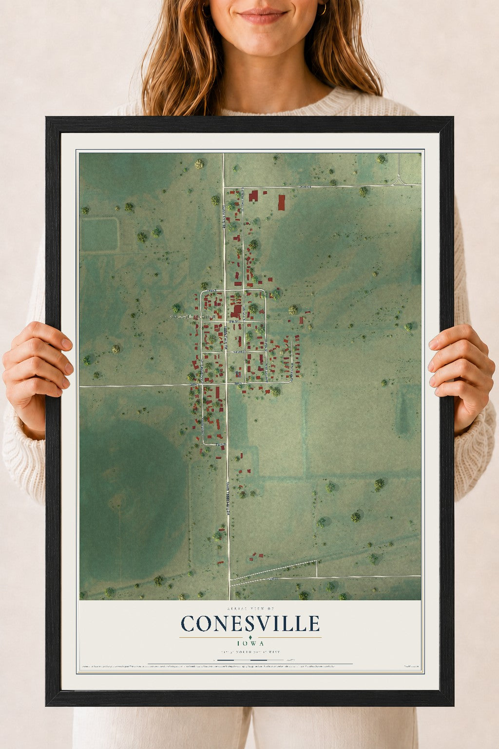 Map of Conesville, Iowa, 18 x 24 inch print in a black wood frame