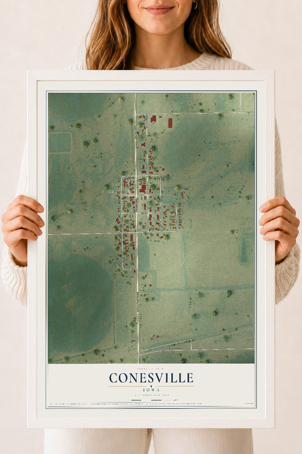 Map of Conesville, Iowa, 18 x 24 inch print in a white wood frame
