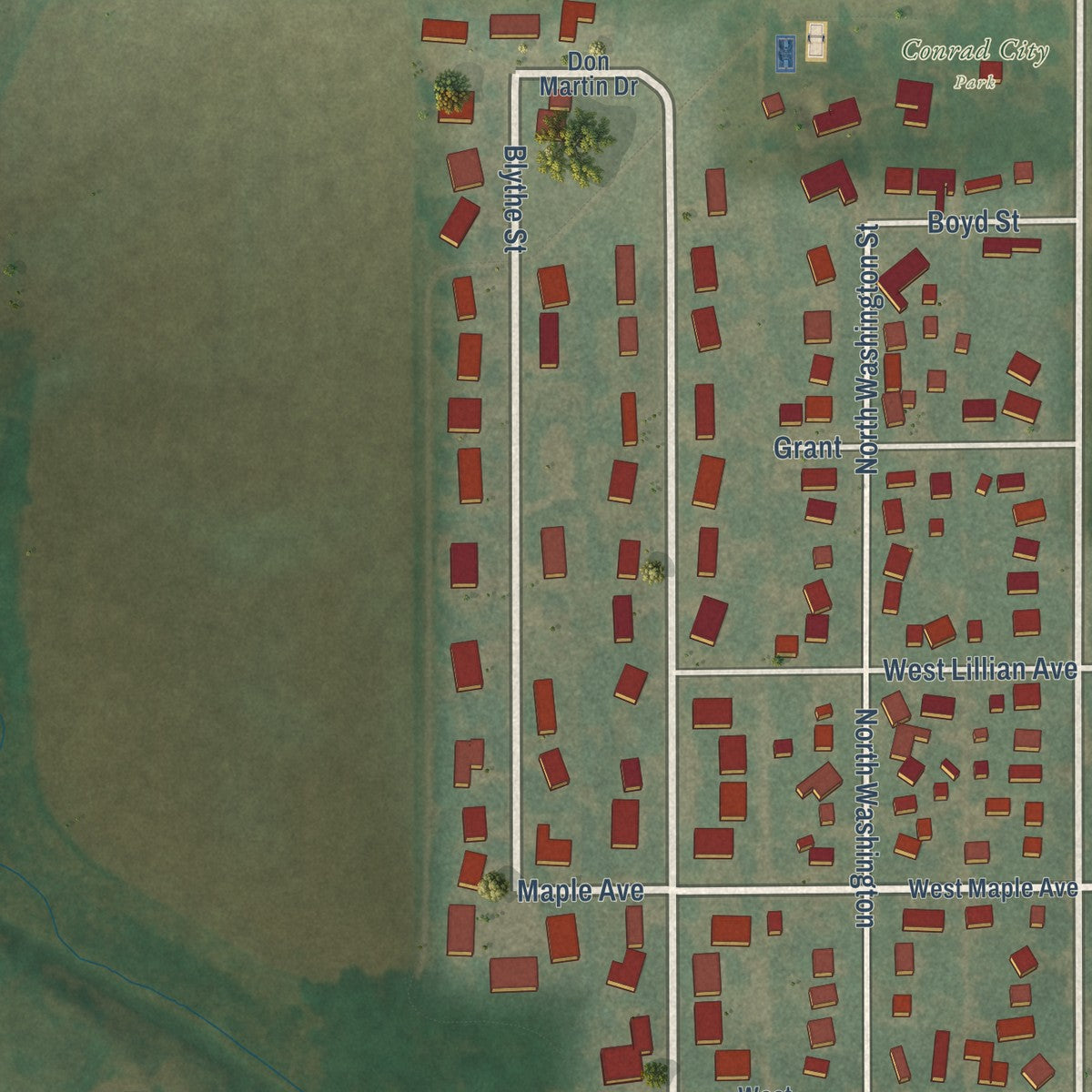 Second close-up of the map of Conrad, Iowa print showing more streets and buildings