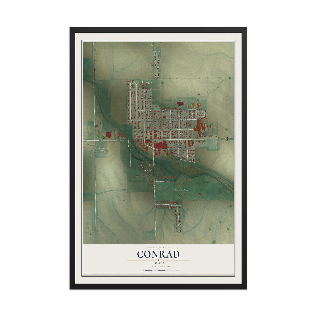 Map of Conrad, Iowa, 12 x 18 inch print in a black wood frame