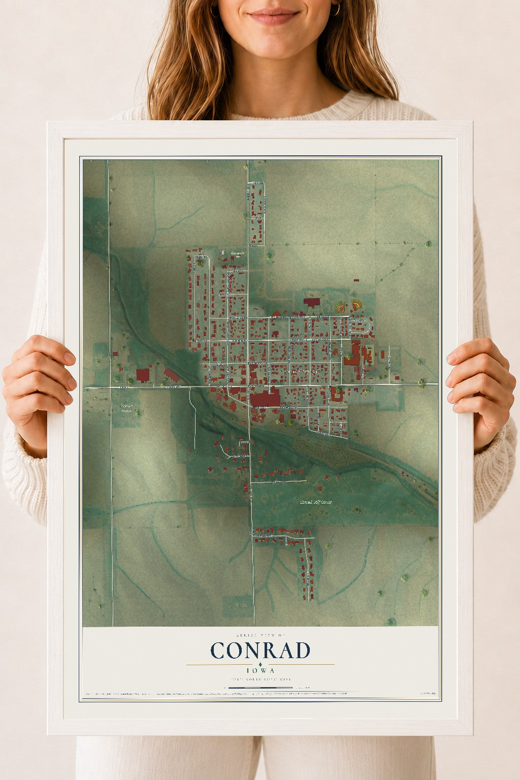 Map of Conrad, Iowa, 18 x 24 inch print in a white wood frame