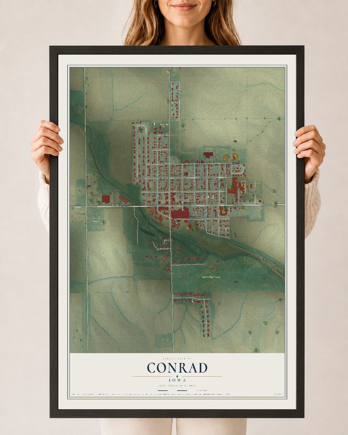 Map of Conrad, Iowa, 24 x 36 inch print in a black wood frame