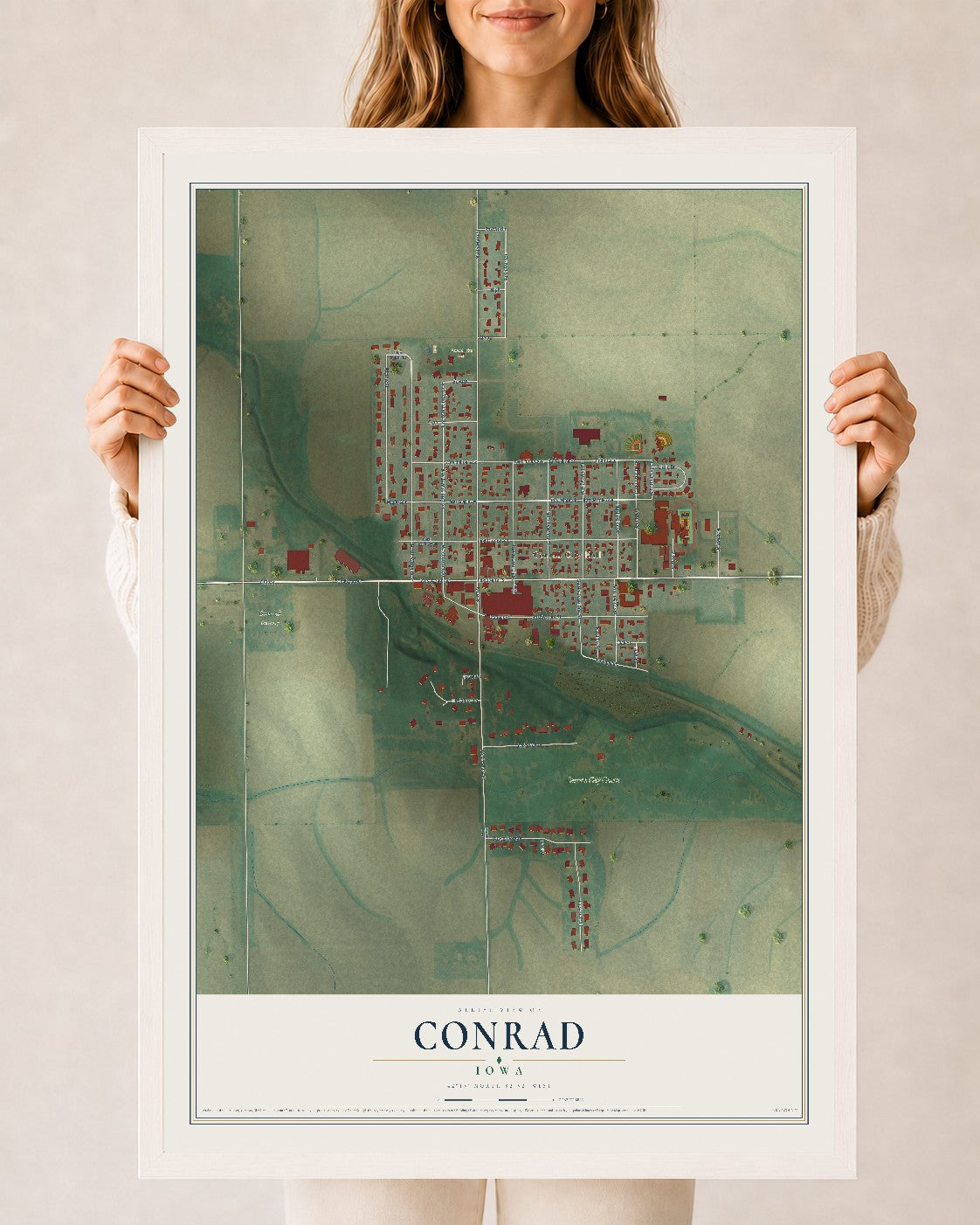 Map of Conrad, Iowa, 24 x 36 inch print in a white wood frame