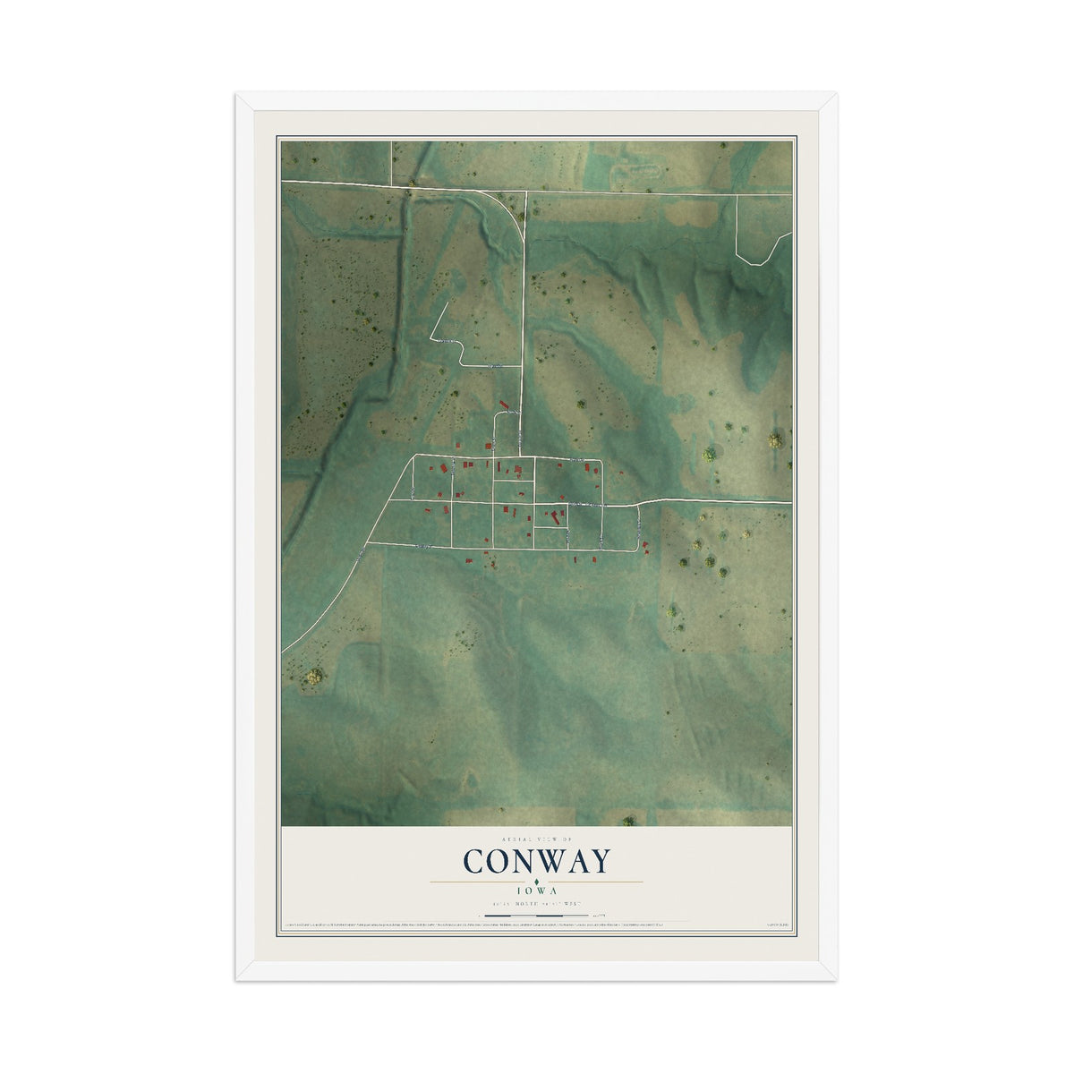 Map of Conway, Iowa, 12 x 18 inch print in a white wood frame