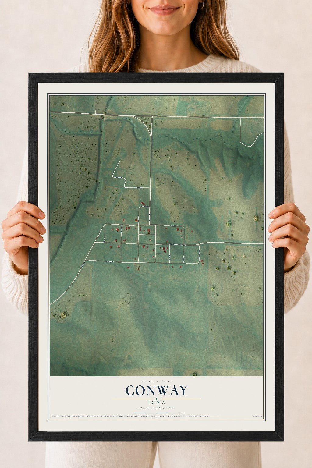 Map of Conway, Iowa, 18 x 24 inch print in a black wood frame