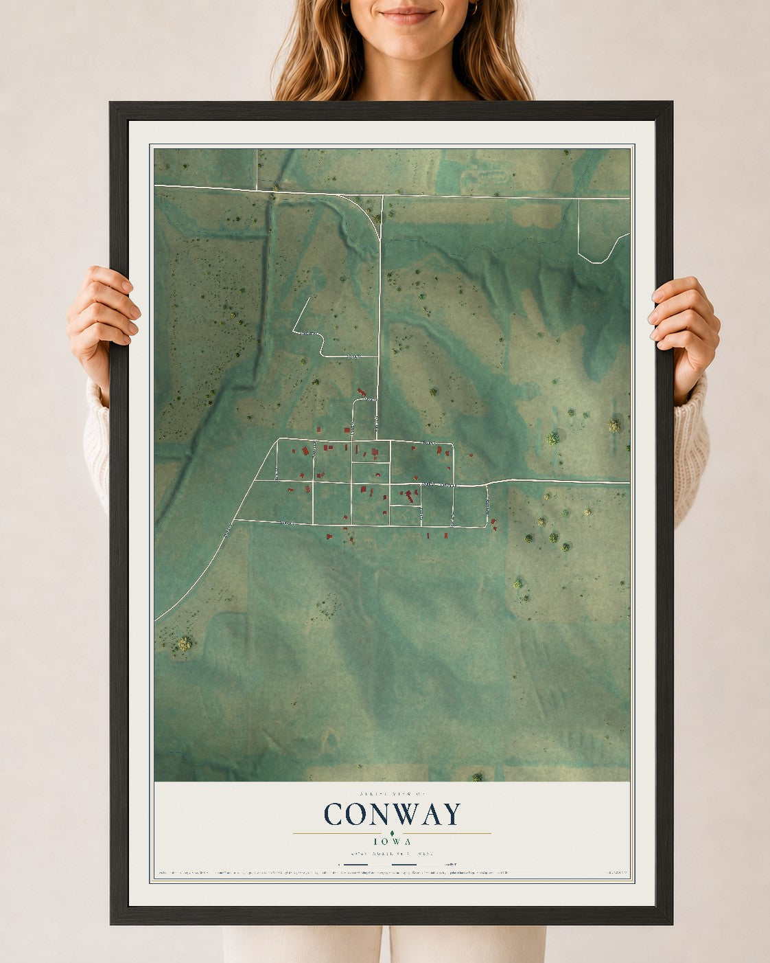 Map of Conway, Iowa, 24 x 36 inch print in a black wood frame