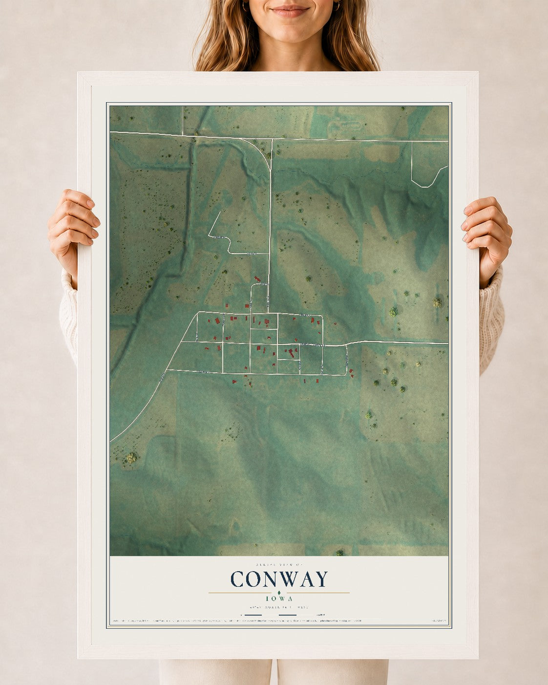 Map of Conway, Iowa, 24 x 36 inch print in a white wood frame