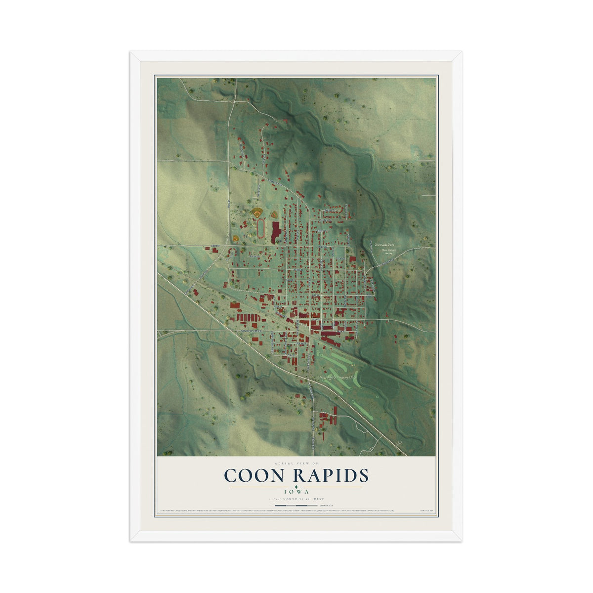 Map of Coon Rapids, Iowa, 12 x 18 inch print in a white wood frame