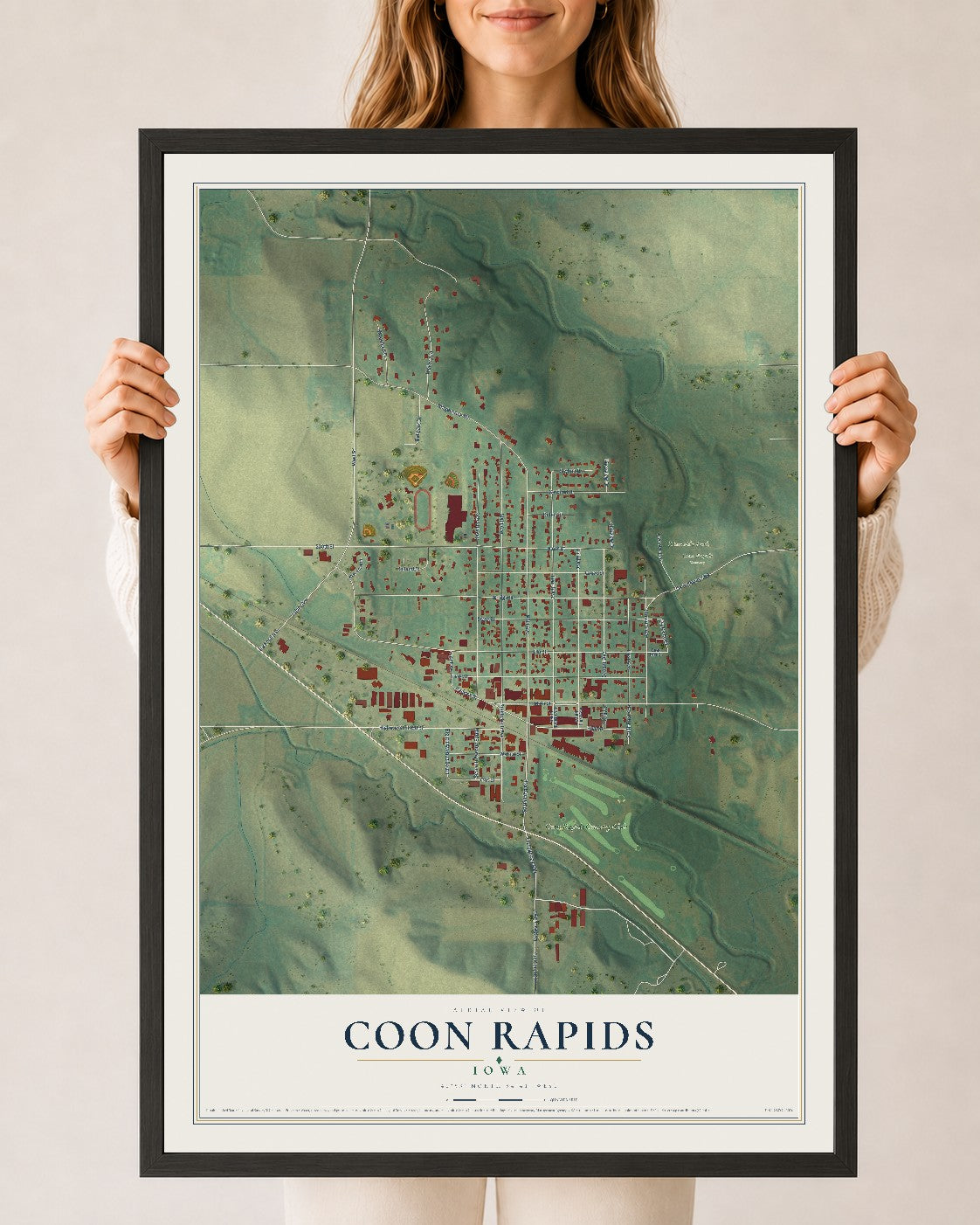Map of Coon Rapids, Iowa, 24 x 36 inch print in a black wood frame