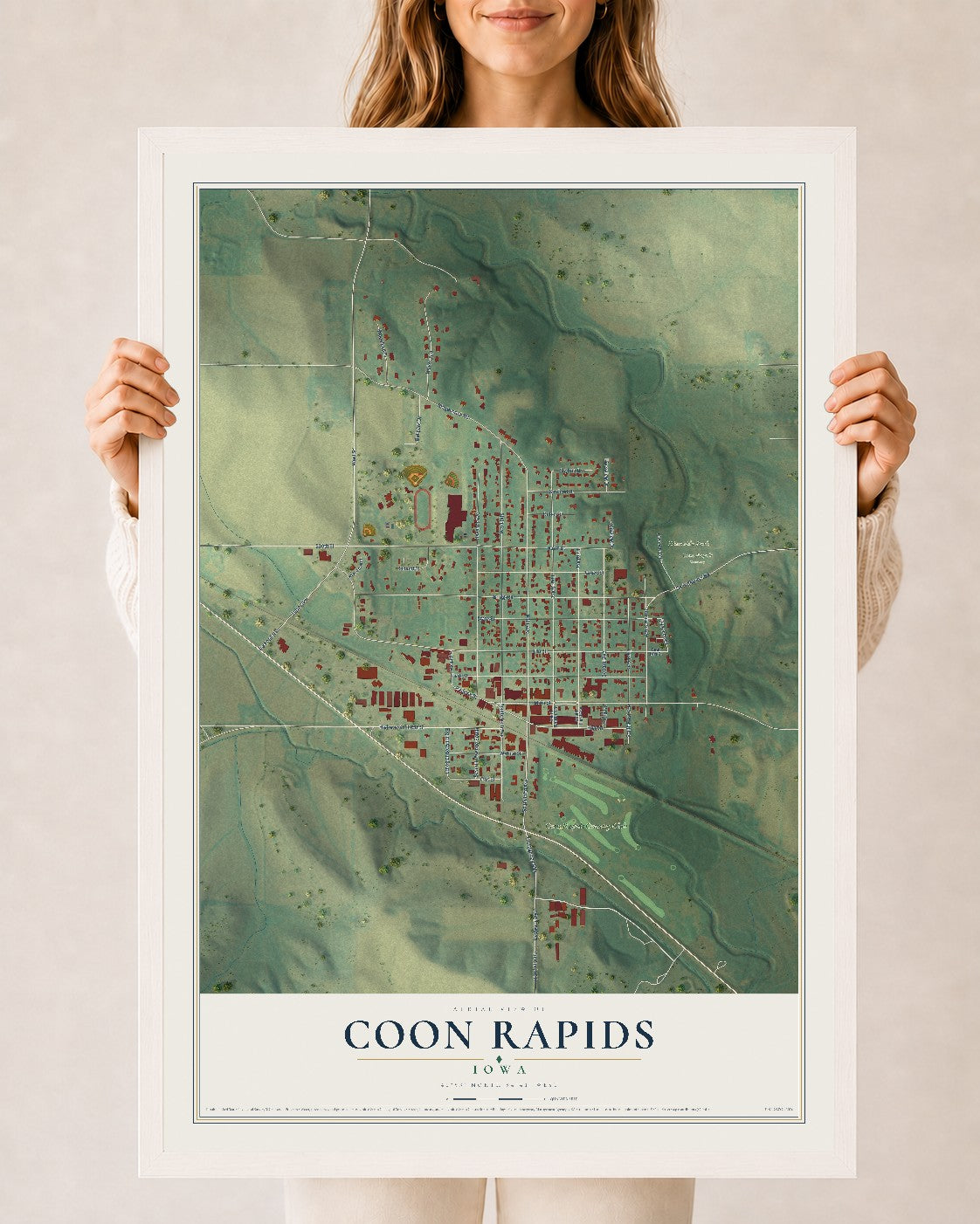 Map of Coon Rapids, Iowa, 24 x 36 inch print in a white wood frame