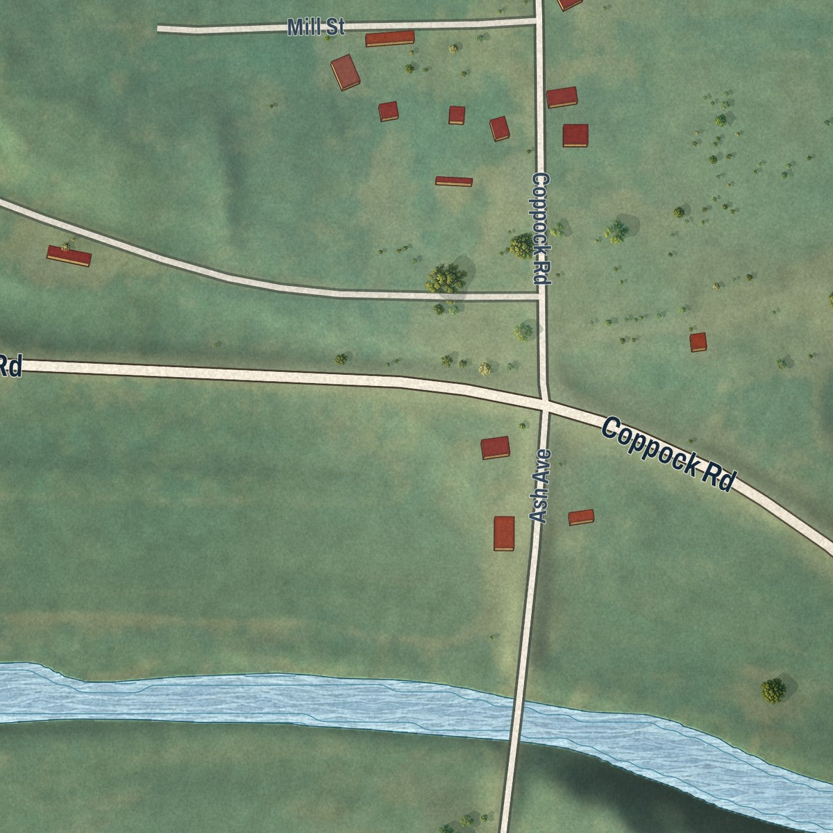 Close-up of the map of Coppock, Iowa print showing street and building detail