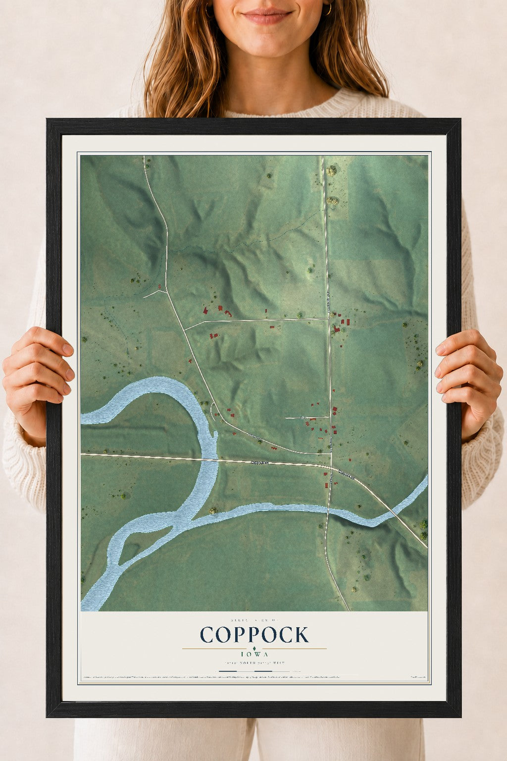 Map of Coppock, Iowa, 18 x 24 inch print in a black wood frame
