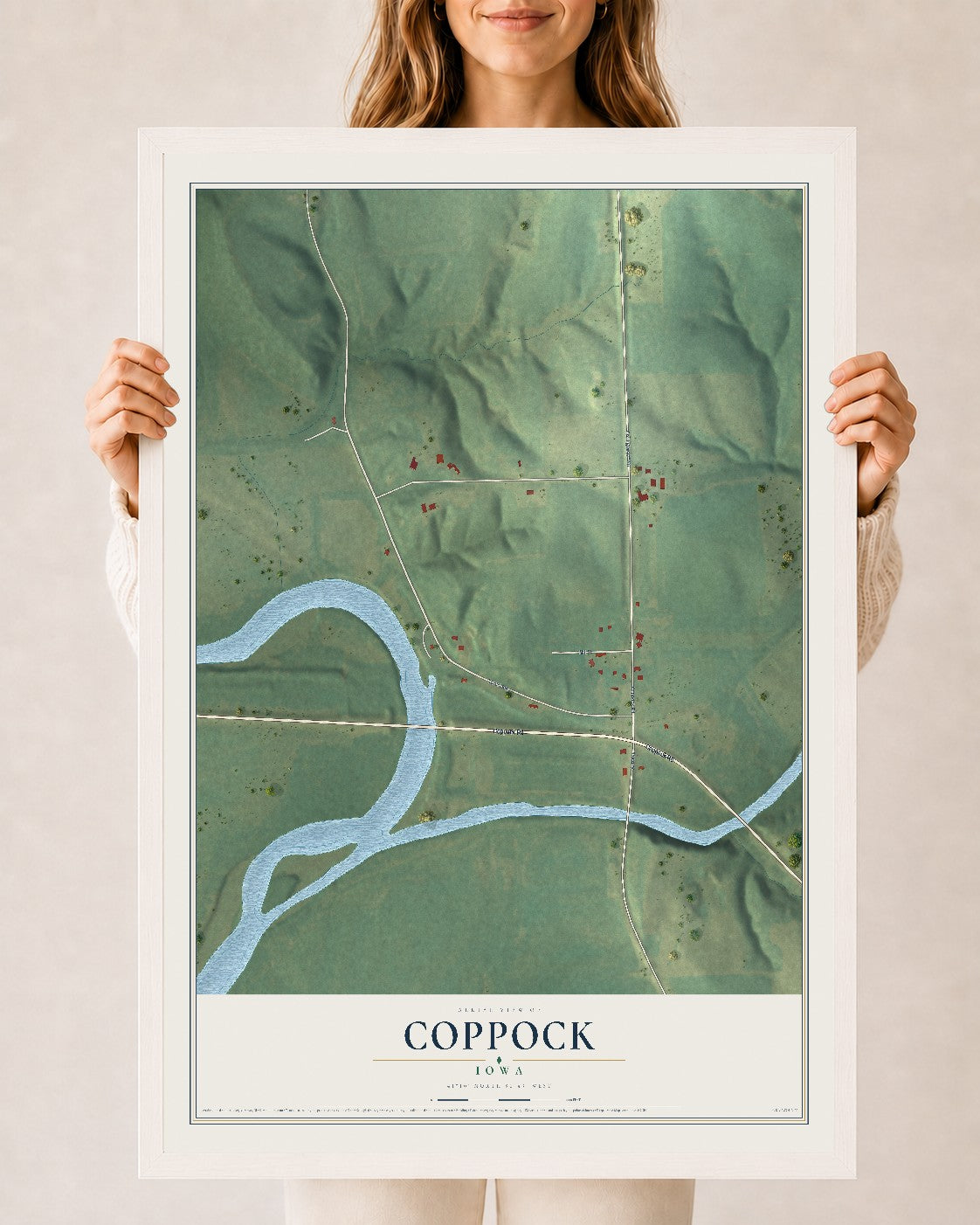 Map of Coppock, Iowa, 24 x 36 inch print in a white wood frame