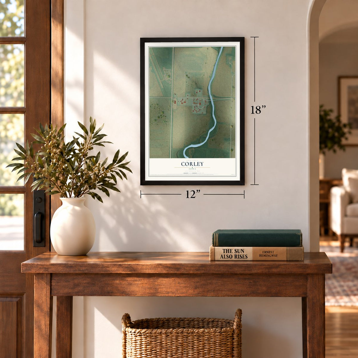 Corley, Iowa map, 12 x 18 inch print in a black frame in an entryway