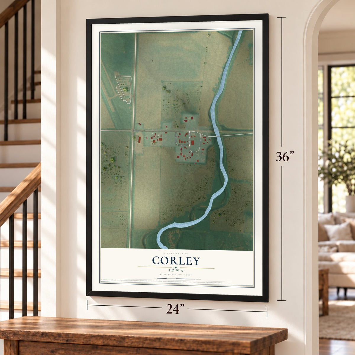 Corley, Iowa map, 24 x 36 inch print in a black frame by a staircase