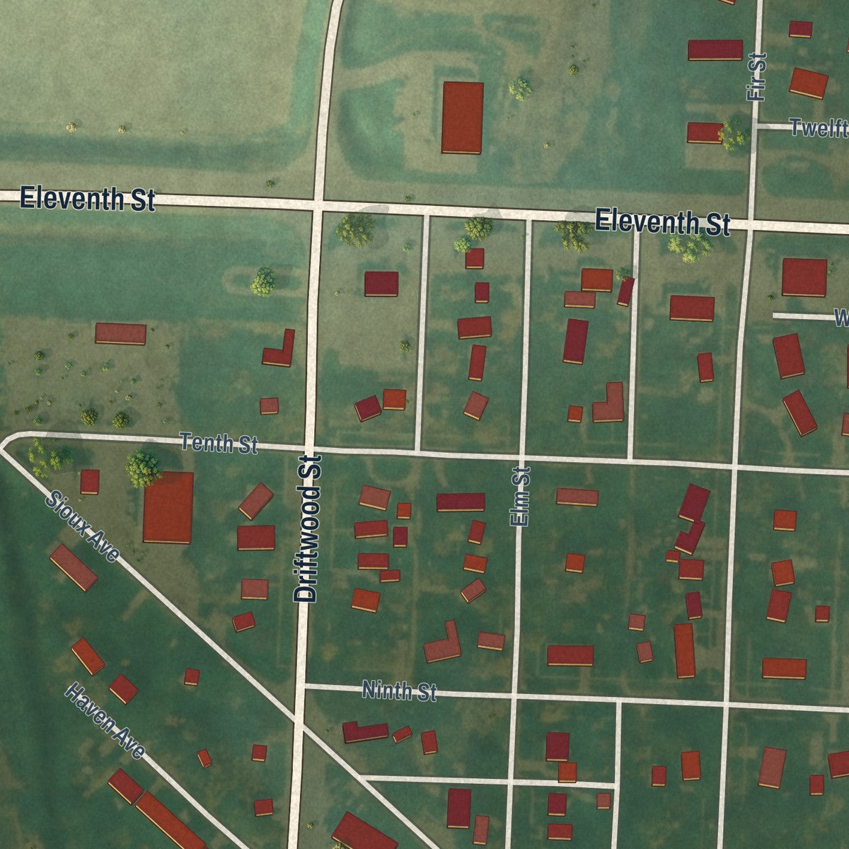 Second close-up of the map of Correctionville, Iowa print showing more streets and buildings