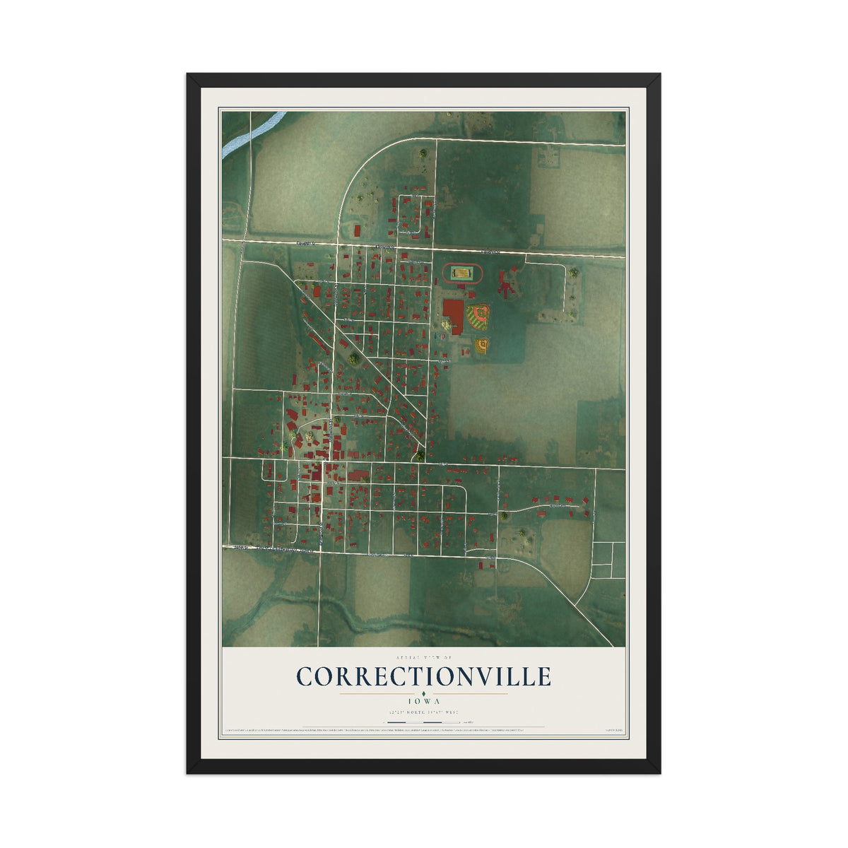 Map of Correctionville, Iowa, 12 x 18 inch print in a black wood frame