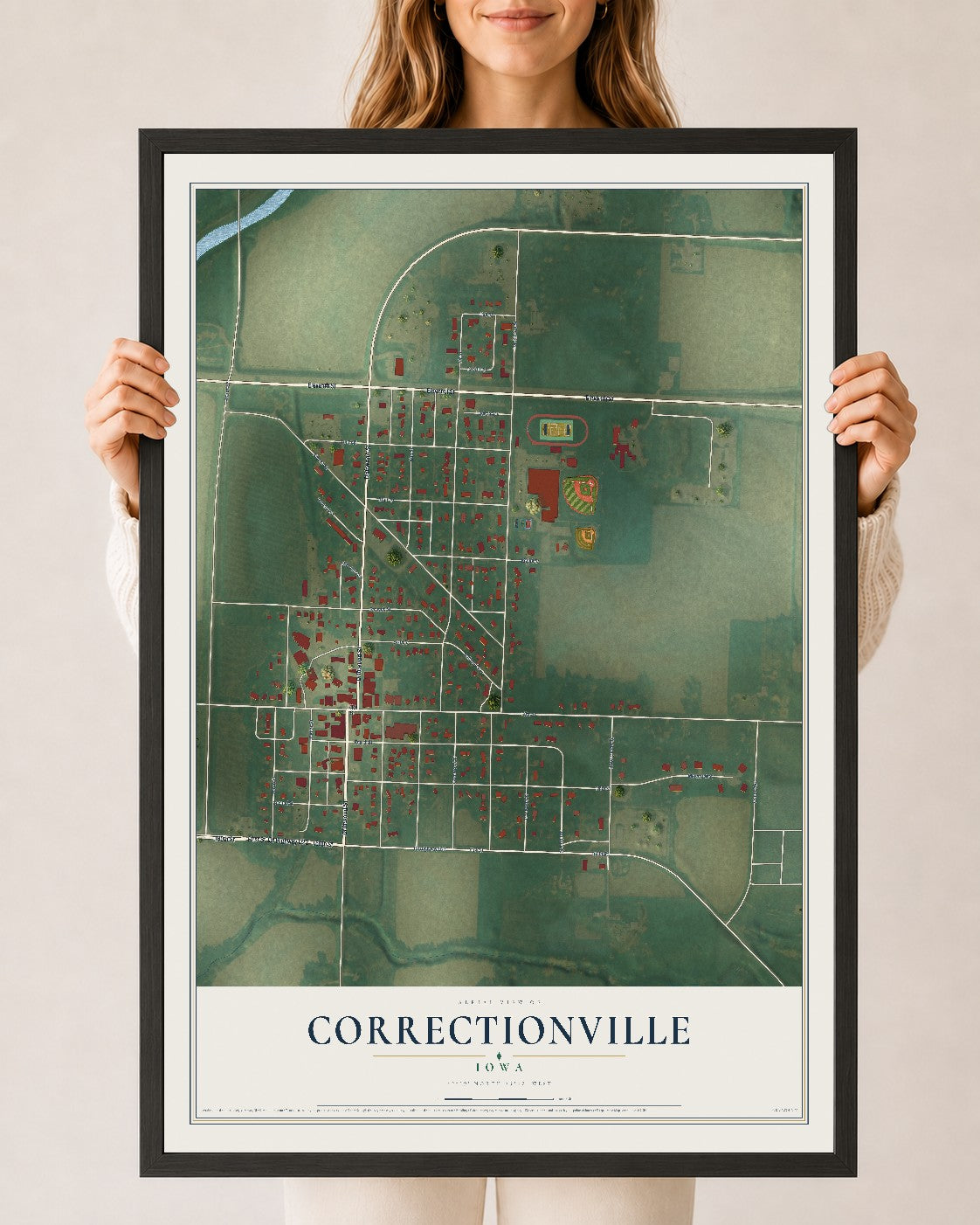 Map of Correctionville, Iowa, 24 x 36 inch print in a black wood frame