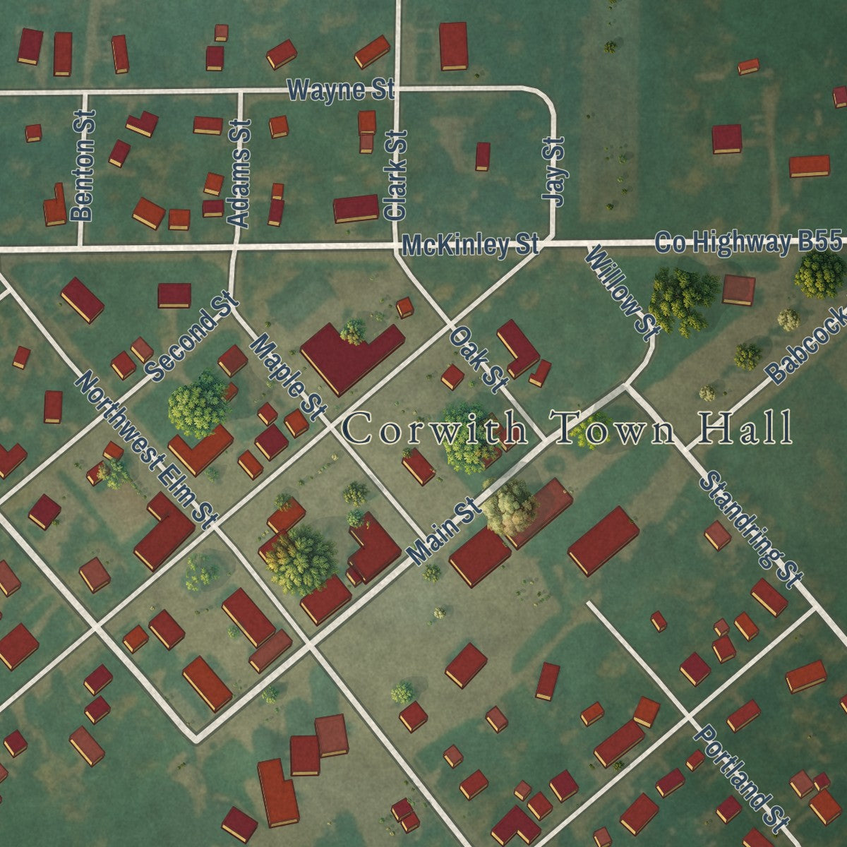 Close-up of the map of Corwith, Iowa print showing street and building detail