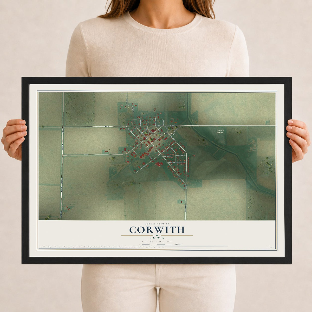 Map of Corwith, Iowa, 12 x 18 inch print in a black wood frame