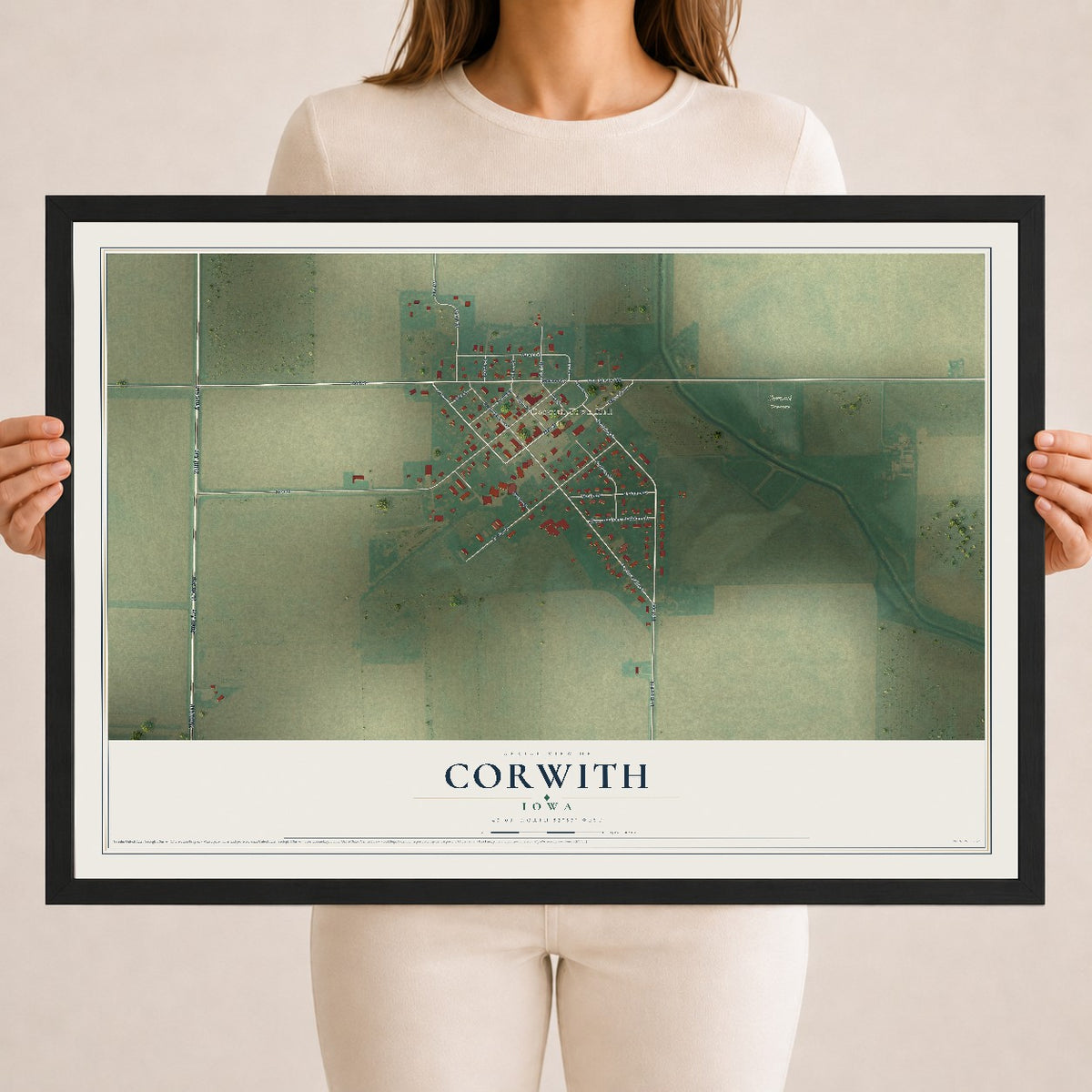 Map of Corwith, Iowa, 18 x 24 inch print in a black wood frame