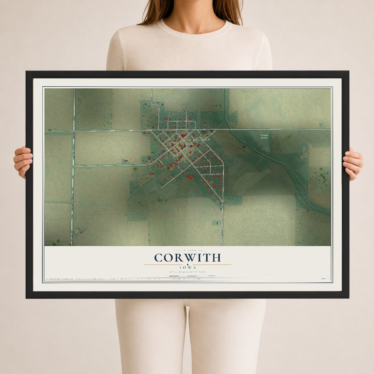 Map of Corwith, Iowa, 24 x 36 inch print in a black wood frame