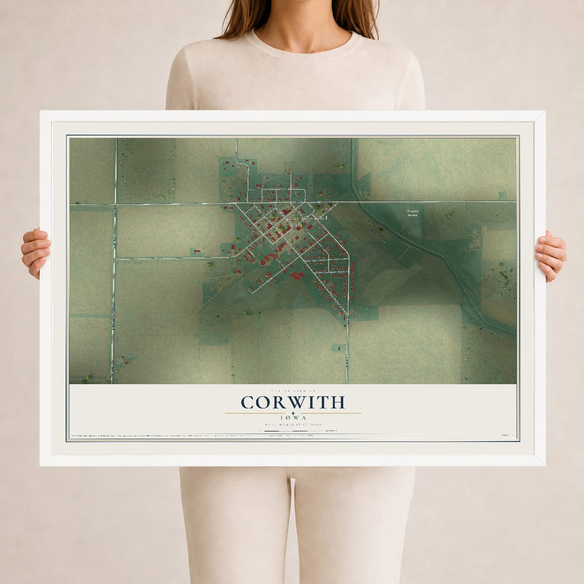 Map of Corwith, Iowa, 24 x 36 inch print in a white wood frame