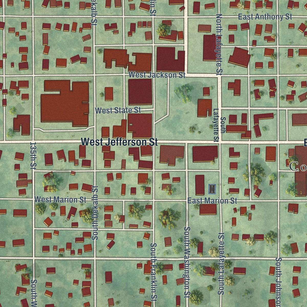 Close-up of the map of Corydon, Iowa print showing street and building detail