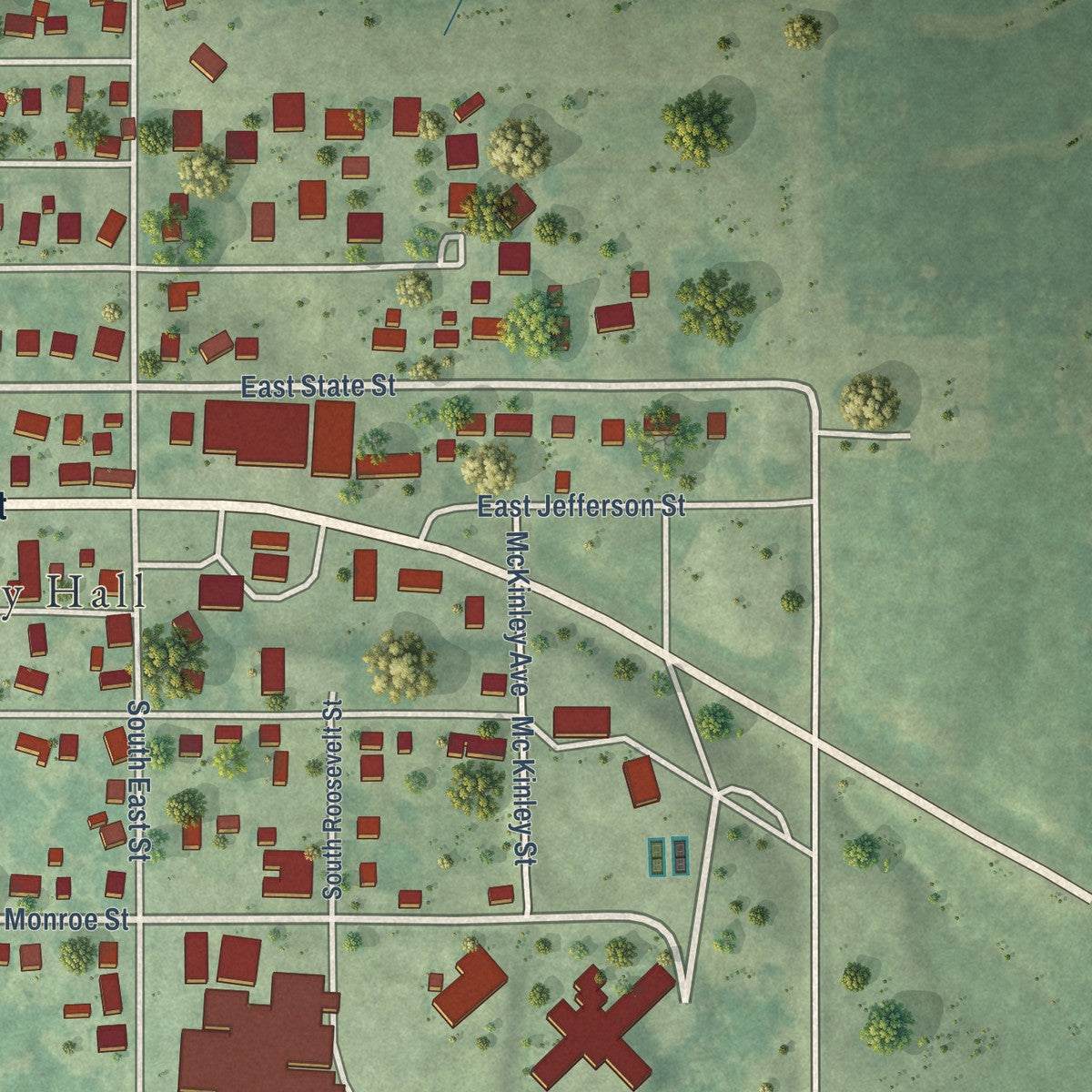 Second close-up of the map of Corydon, Iowa print showing more streets and buildings