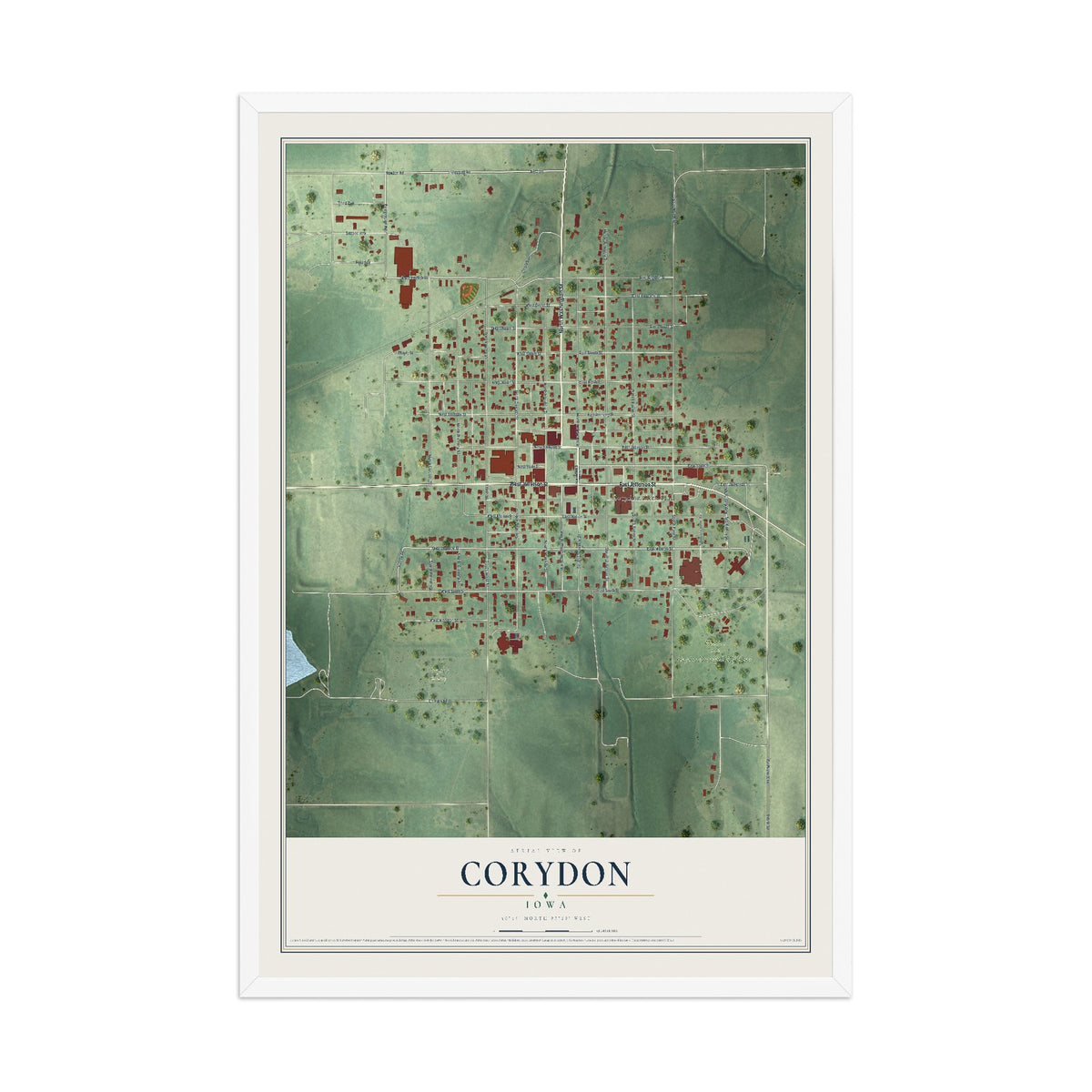 Map of Corydon, Iowa, 12 x 18 inch print in a white wood frame