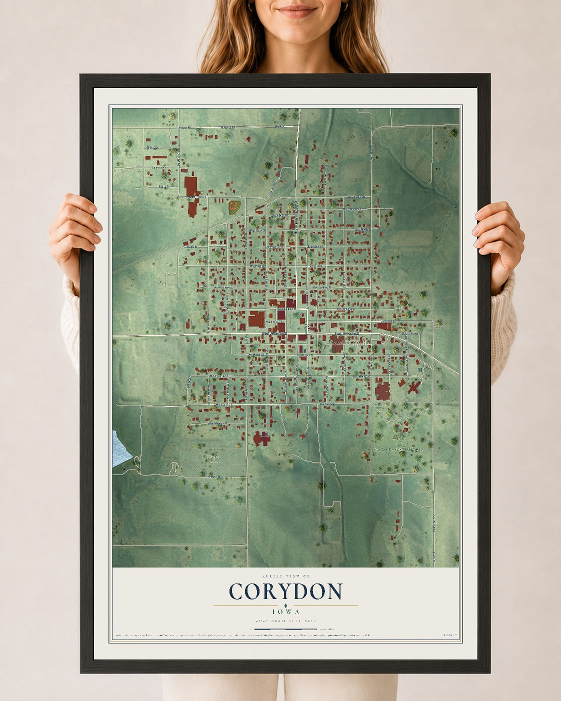 Map of Corydon, Iowa, 24 x 36 inch print in a black wood frame