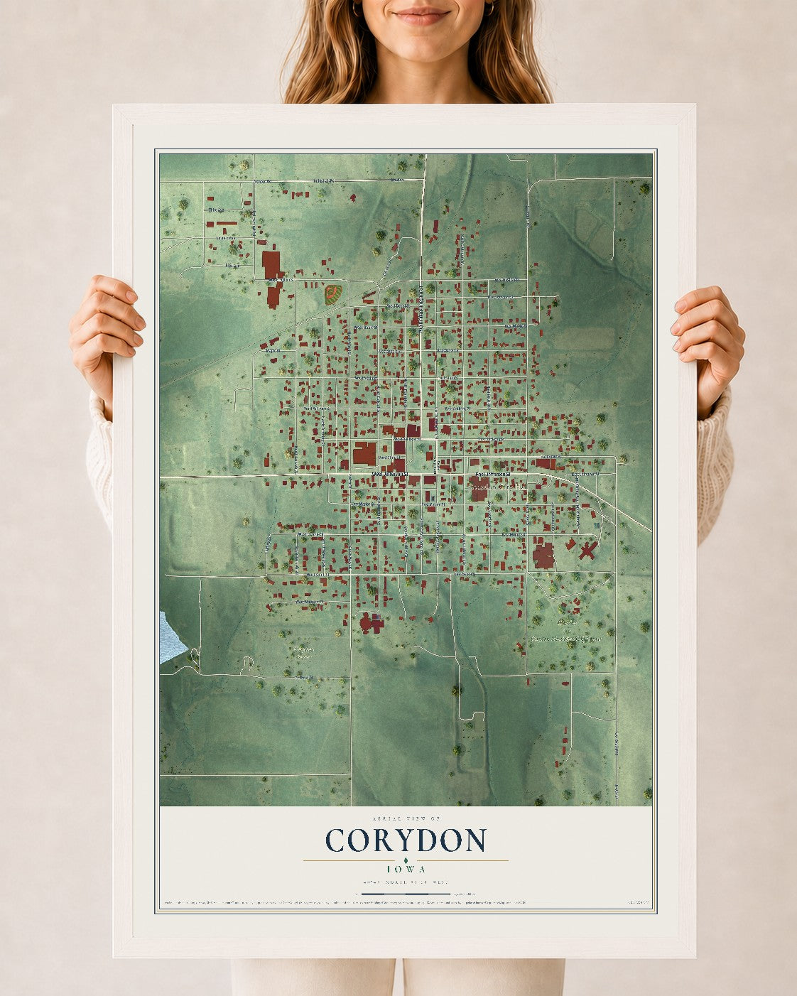 Map of Corydon, Iowa, 24 x 36 inch print in a white wood frame