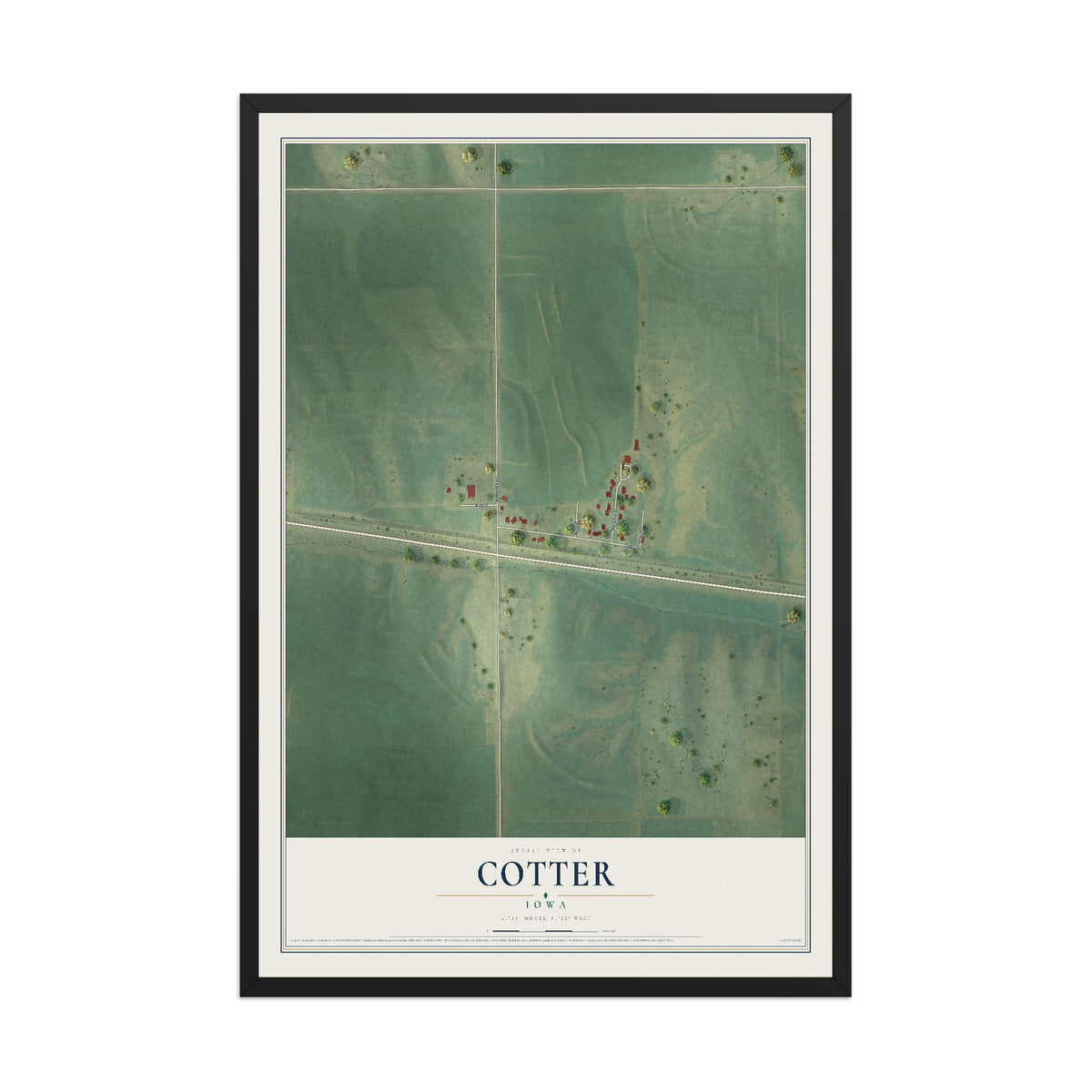 Map of Cotter, Iowa, 12 x 18 inch print in a black wood frame
