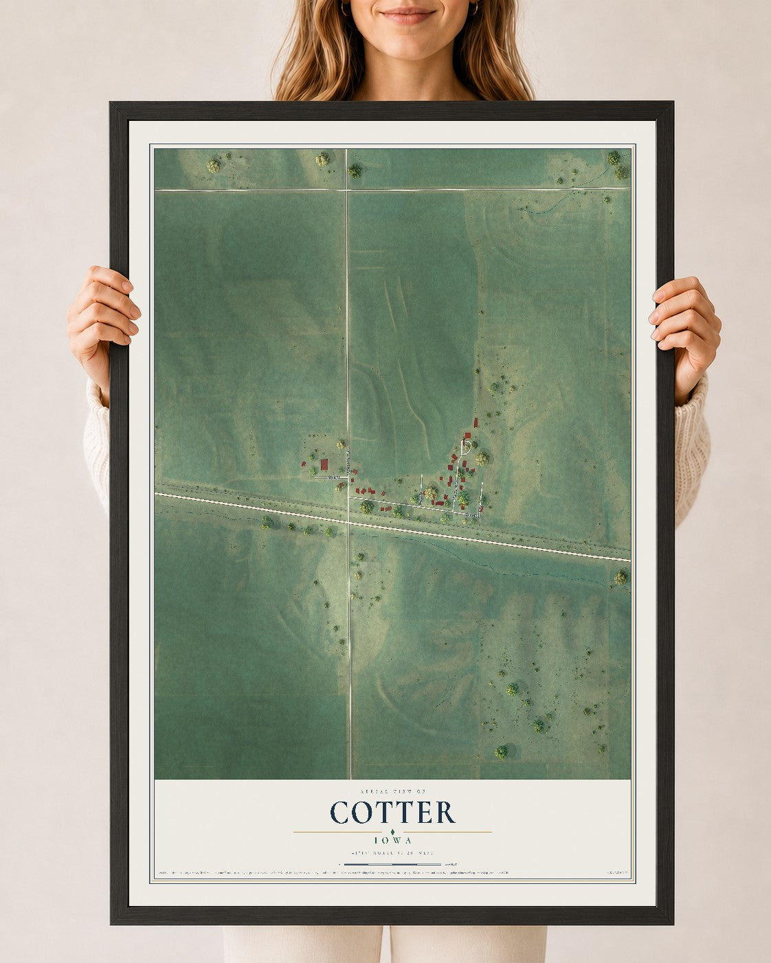 Map of Cotter, Iowa, 24 x 36 inch print in a black wood frame