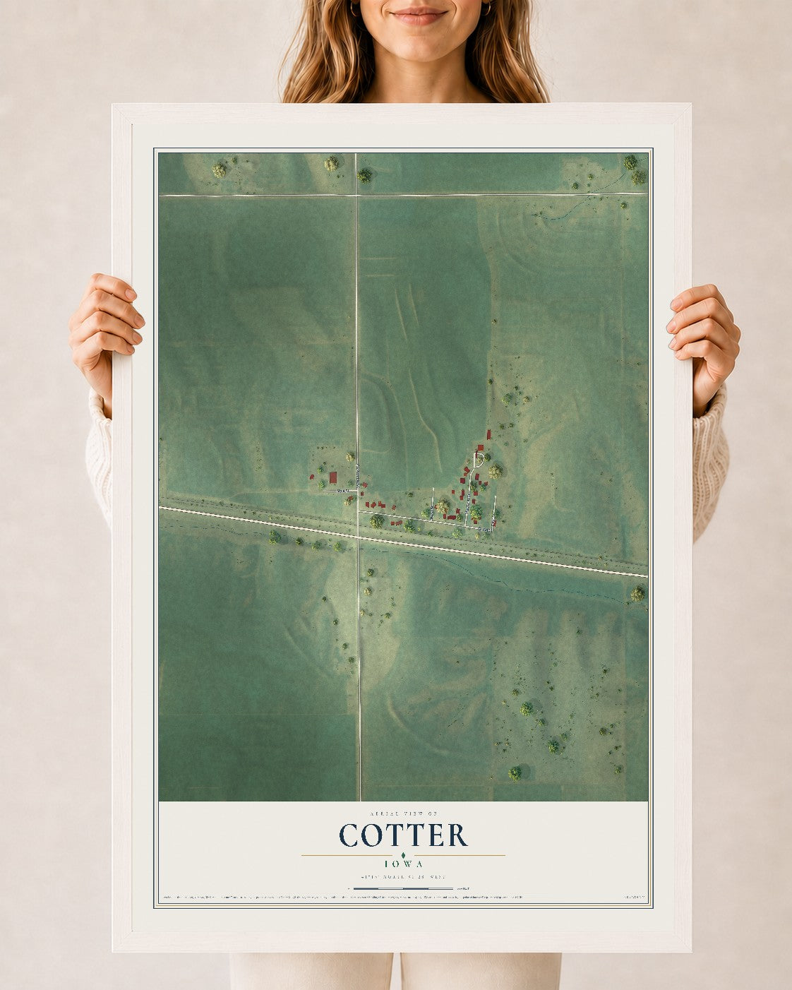 Map of Cotter, Iowa, 24 x 36 inch print in a white wood frame